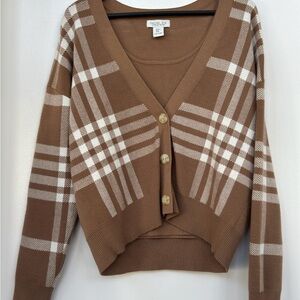 LIKE NEW RACHEL ZOE CAMEL AND CREAM PLAID SWEATER SET (M) Retail $139